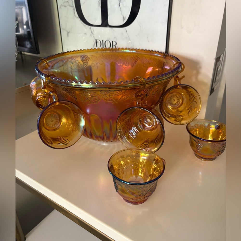Carnival Glass Iridescent Amber Gold Punch Bowl Set with Matching Cups